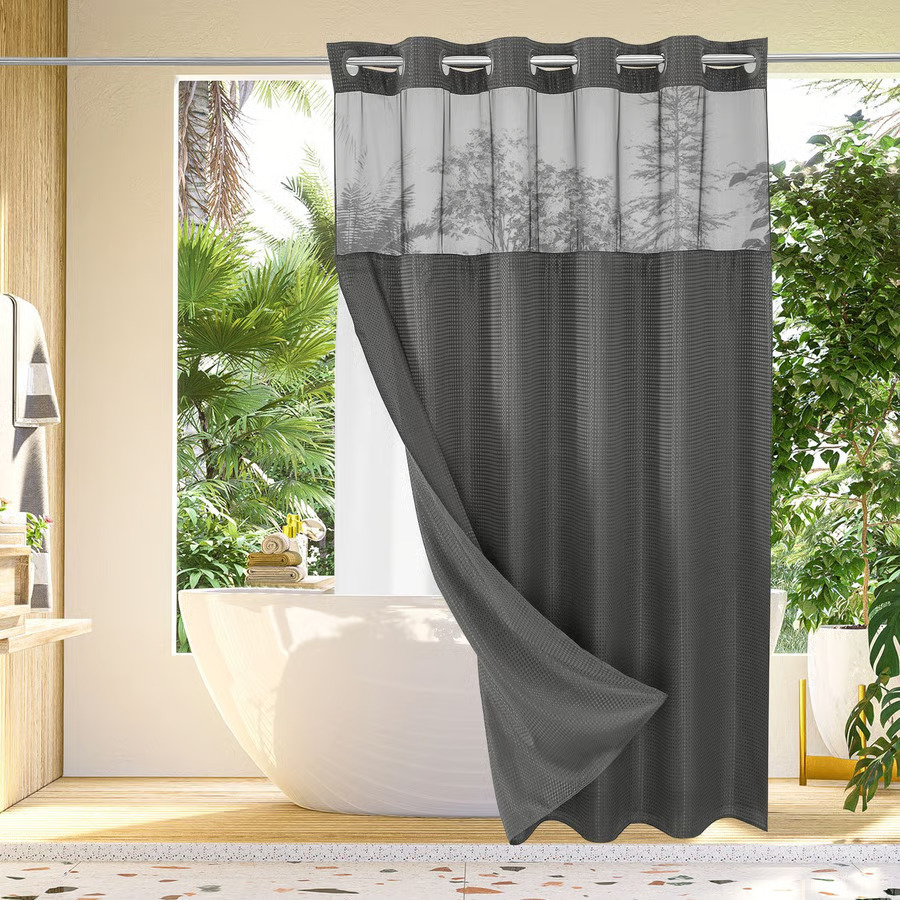 Hookless shower curtain with snap-in liner